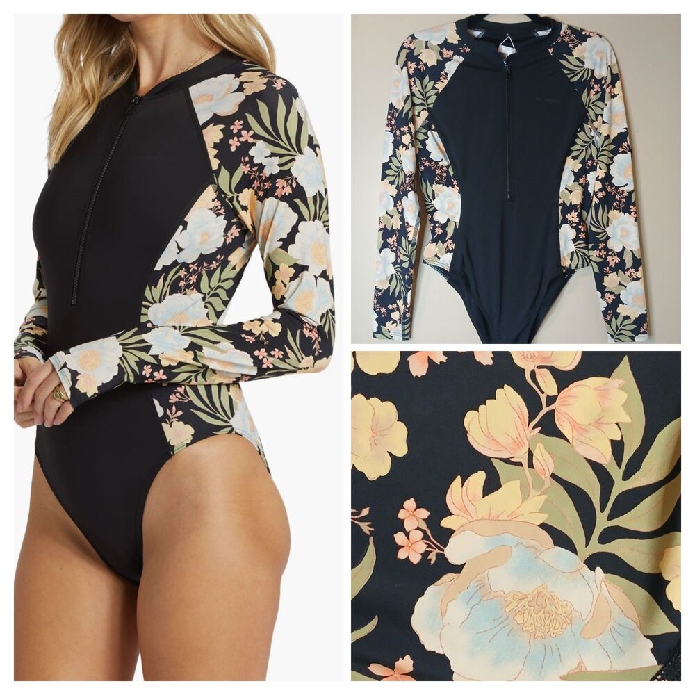 BILLABONG Swimsuit Sz M/L Zip Front Long Sleeve UV Protection Black/Tropical $99